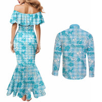 Polu Aloha Hawaii Couples Matching Mermaid Dress and Long Sleeve Button Shirt Plumeria Lei With Palaka Motif - Polynesian Pride