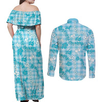 Polu Aloha Hawaii Couples Matching Off Shoulder Maxi Dress and Long Sleeve Button Shirt Plumeria Lei With Palaka Motif - Polynesian Pride