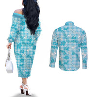 Polu Aloha Hawaii Couples Matching Off The Shoulder Long Sleeve Dress and Long Sleeve Button Shirt Plumeria Lei With Palaka Motif - Polynesian Pride