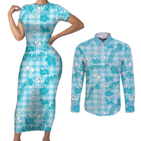 Polu Aloha Hawaii Couples Matching Short Sleeve Bodycon Dress and Long Sleeve Button Shirt Plumeria Lei With Palaka Motif - Polynesian Pride