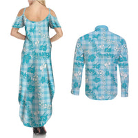 Polu Aloha Hawaii Couples Matching Summer Maxi Dress and Long Sleeve Button Shirt Plumeria Lei With Palaka Motif - Polynesian Pride