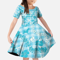 Polu Aloha Hawaii Family Matching Short Sleeve Bodycon Dress and Hawaiian Shirt Plumeria Lei With Palaka Motif LT14 Daughter's Dress Blue - Polynesian Pride