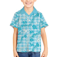 Polu Aloha Hawaii Family Matching Short Sleeve Bodycon Dress and Hawaiian Shirt Plumeria Lei With Palaka Motif LT14 Son's Shirt Blue - Polynesian Pride