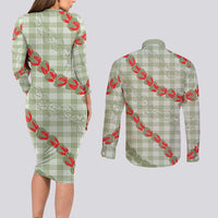 Omaomao Aloha Hawaii Couples Matching Long Sleeve Bodycon Dress and Long Sleeve Button Shirt Rosebud Lei With Palaka Motif - Polynesian Pride