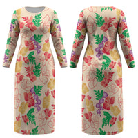 Colorful Aloha Hawaii Hibiscus Orchid Seamless Couples Matching Long Sleeve Bodycon Dress and Hawaiian Shirt