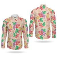 Colorful Aloha Hawaii Hibiscus Orchid Seamless Couples Matching Long Sleeve Bodycon Dress and Long Sleeve Button Shirt