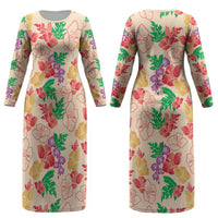 Colorful Aloha Hawaii Hibiscus Orchid Seamless Couples Matching Long Sleeve Bodycon Dress and Long Sleeve Button Shirt