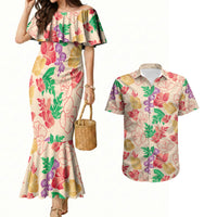 Colorful Aloha Hawaii Hibiscus Orchid Seamless Couples Matching Mermaid Dress and Hawaiian Shirt