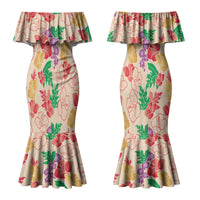 Colorful Aloha Hawaii Hibiscus Orchid Seamless Couples Matching Mermaid Dress and Long Sleeve Button Shirt