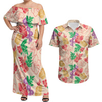 Colorful Aloha Hawaii Hibiscus Orchid Seamless Couples Matching Off Shoulder Maxi Dress and Hawaiian Shirt