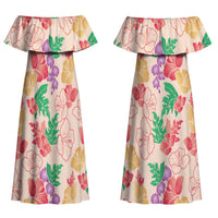 Colorful Aloha Hawaii Hibiscus Orchid Seamless Couples Matching Off Shoulder Maxi Dress and Hawaiian Shirt