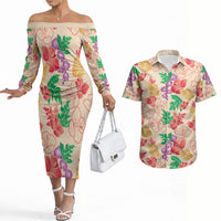Colorful Aloha Hawaii Hibiscus Orchid Seamless Couples Matching Off The Shoulder Long Sleeve Dress and Hawaiian Shirt