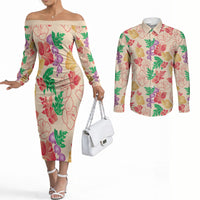 Colorful Aloha Hawaii Hibiscus Orchid Seamless Couples Matching Off The Shoulder Long Sleeve Dress and Long Sleeve Button Shirt