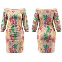 Colorful Aloha Hawaii Hibiscus Orchid Seamless Couples Matching Off The Shoulder Long Sleeve Dress and Long Sleeve Button Shirt