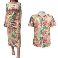 Colorful Aloha Hawaii Hibiscus Orchid Seamless Couples Matching Puletasi and Hawaiian Shirt
