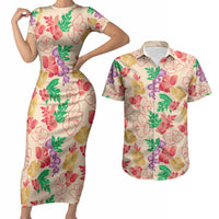 Colorful Aloha Hawaii Hibiscus Orchid Seamless Couples Matching Short Sleeve Bodycon Dress and Hawaiian Shirt