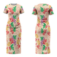 Colorful Aloha Hawaii Hibiscus Orchid Seamless Couples Matching Short Sleeve Bodycon Dress and Hawaiian Shirt