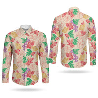 Colorful Aloha Hawaii Hibiscus Orchid Seamless Couples Matching Short Sleeve Bodycon Dress and Long Sleeve Button Shirt