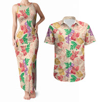 Colorful Aloha Hawaii Hibiscus Orchid Seamless Couples Matching Tank Maxi Dress and Hawaiian Shirt
