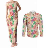 Colorful Aloha Hawaii Hibiscus Orchid Seamless Couples Matching Tank Maxi Dress and Long Sleeve Button Shirt