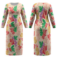 Colorful Aloha Hawaii Hibiscus Orchid Seamless Family Matching Long Sleeve Bodycon Dress and Hawaiian Shirt