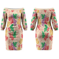 Colorful Aloha Hawaii Hibiscus Orchid Seamless Family Matching Off The Shoulder Long Sleeve Dress and Hawaiian Shirt