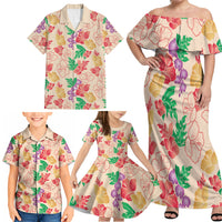 Colorful Aloha Hawaii Hibiscus Orchid Seamless Family Matching Off Shoulder Maxi Dress and Hawaiian Shirt