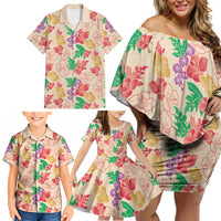 Colorful Aloha Hawaii Hibiscus Orchid Seamless Family Matching Off Shoulder Short Dress and Hawaiian Shirt