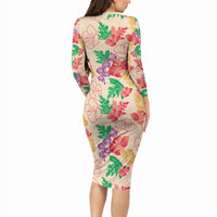 Colorful Aloha Hawaii Hibiscus Orchid Seamless Long Sleeve Bodycon Dress