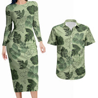 Vesuvian Green Aloha Hawaii Hibiscus Orchid Seamless Couples Matching Long Sleeve Bodycon Dress and Hawaiian Shirt