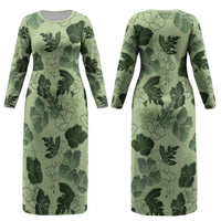 Vesuvian Green Aloha Hawaii Hibiscus Orchid Seamless Couples Matching Long Sleeve Bodycon Dress and Long Sleeve Button Shirt