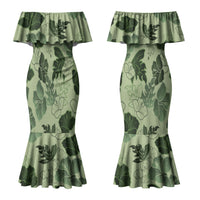 Vesuvian Green Aloha Hawaii Hibiscus Orchid Seamless Couples Matching Mermaid Dress and Hawaiian Shirt