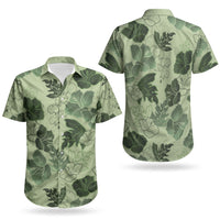 Vesuvian Green Aloha Hawaii Hibiscus Orchid Seamless Couples Matching Off Shoulder Maxi Dress and Hawaiian Shirt