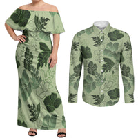 Vesuvian Green Aloha Hawaii Hibiscus Orchid Seamless Couples Matching Off Shoulder Maxi Dress and Long Sleeve Button Shirt