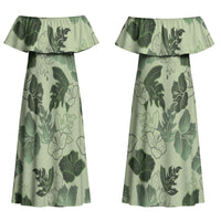 Vesuvian Green Aloha Hawaii Hibiscus Orchid Seamless Couples Matching Off Shoulder Maxi Dress and Long Sleeve Button Shirt