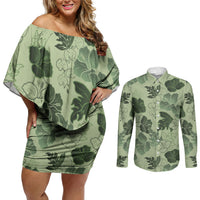 Vesuvian Green Aloha Hawaii Hibiscus Orchid Seamless Couples Matching Off Shoulder Short Dress and Long Sleeve Button Shirt