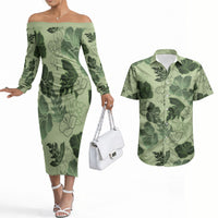 Vesuvian Green Aloha Hawaii Hibiscus Orchid Seamless Couples Matching Off The Shoulder Long Sleeve Dress and Hawaiian Shirt