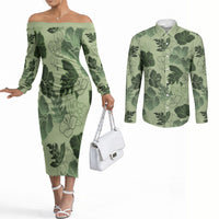 Vesuvian Green Aloha Hawaii Hibiscus Orchid Seamless Couples Matching Off The Shoulder Long Sleeve Dress and Long Sleeve Button Shirt