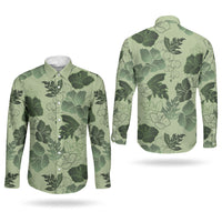 Vesuvian Green Aloha Hawaii Hibiscus Orchid Seamless Couples Matching Off The Shoulder Long Sleeve Dress and Long Sleeve Button Shirt