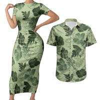 Vesuvian Green Aloha Hawaii Hibiscus Orchid Seamless Couples Matching Short Sleeve Bodycon Dress and Hawaiian Shirt
