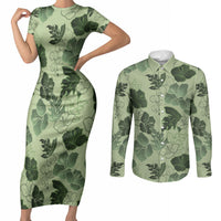 Vesuvian Green Aloha Hawaii Hibiscus Orchid Seamless Couples Matching Short Sleeve Bodycon Dress and Long Sleeve Button Shirt