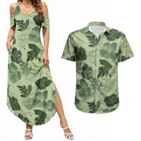 Vesuvian Green Aloha Hawaii Hibiscus Orchid Seamless Couples Matching Summer Maxi Dress and Hawaiian Shirt