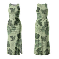 Vesuvian Green Aloha Hawaii Hibiscus Orchid Seamless Couples Matching Tank Maxi Dress and Hawaiian Shirt