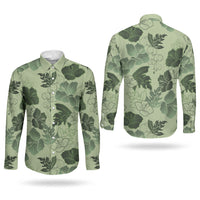 Vesuvian Green Aloha Hawaii Hibiscus Orchid Seamless Couples Matching Tank Maxi Dress and Long Sleeve Button Shirt