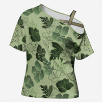 Vesuvian Green Aloha Hawaii Hibiscus Orchid Seamless Cross Shoulder Shirt