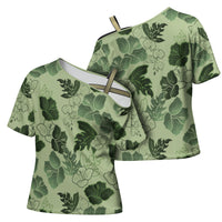 Vesuvian Green Aloha Hawaii Hibiscus Orchid Seamless Cross Shoulder Shirt