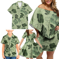 Vesuvian Green Aloha Hawaii Hibiscus Orchid Seamless Family Matching Off Shoulder Short Dress and Hawaiian Shirt