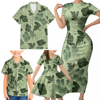 Vesuvian Green Aloha Hawaii Hibiscus Orchid Seamless Family Matching Short Sleeve Bodycon Dress and Hawaiian Shirt