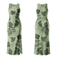 Vesuvian Green Aloha Hawaii Hibiscus Orchid Seamless Family Matching Tank Maxi Dress and Hawaiian Shirt