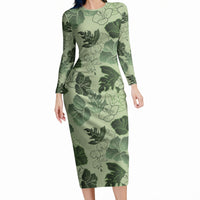 Vesuvian Green Aloha Hawaii Hibiscus Orchid Seamless Long Sleeve Bodycon Dress